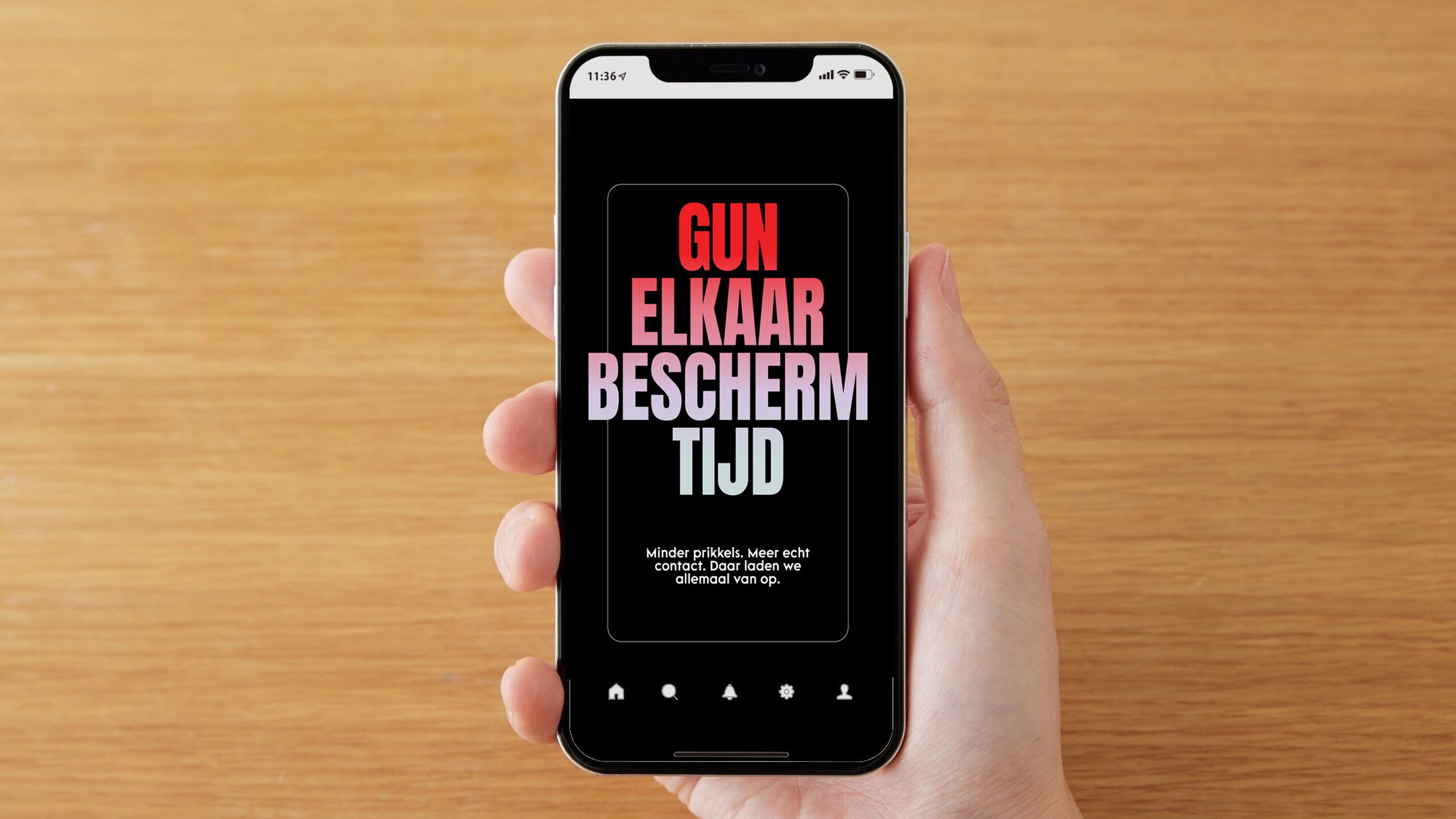Mobiele telefoon met daarop de tekst 'Gun elkaar beschermtijd'
